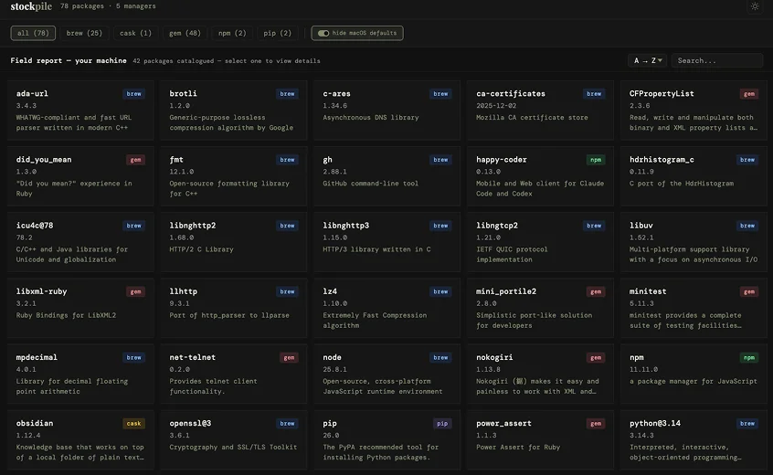 Stockpile package grid view